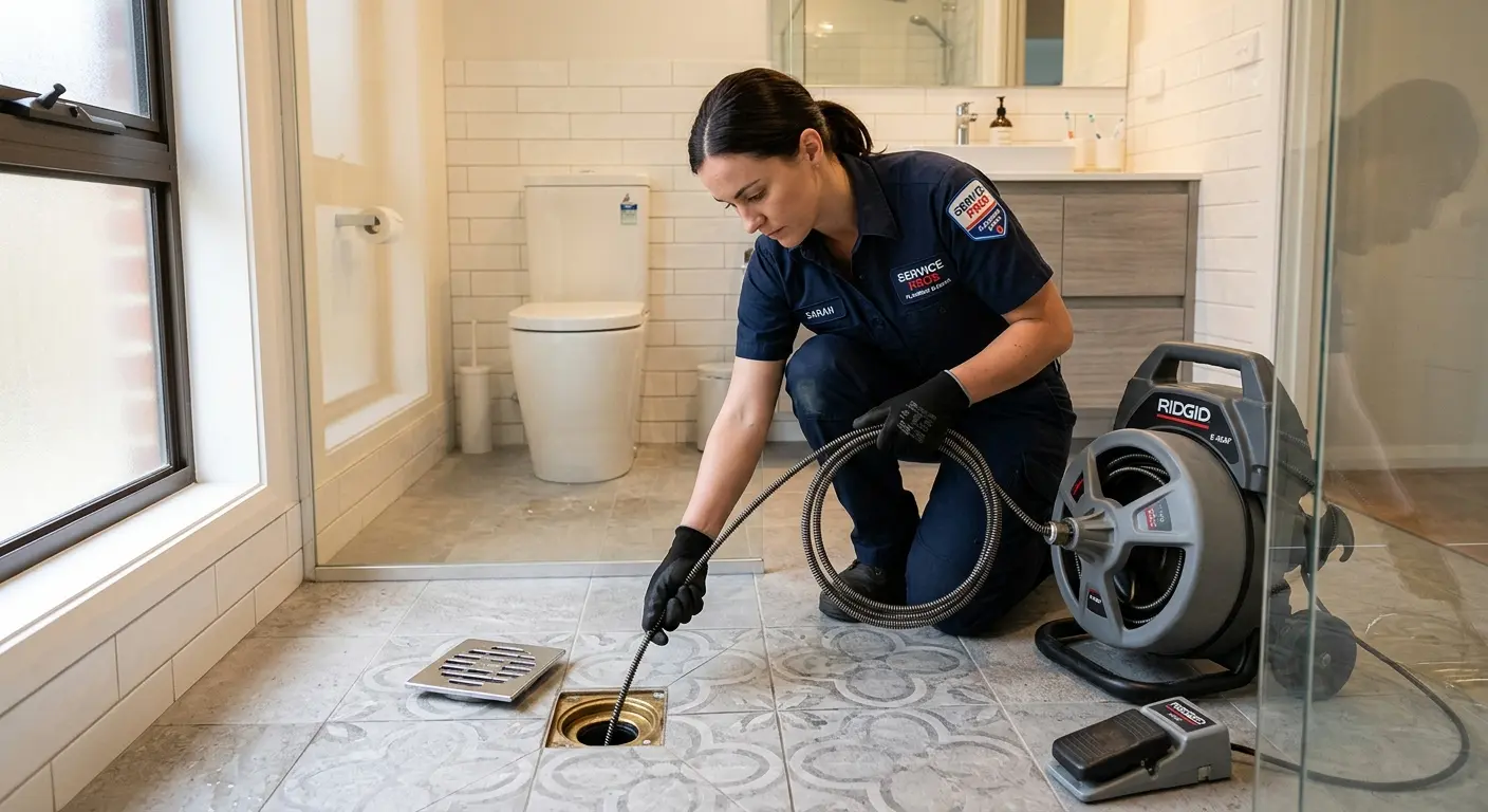 Technician clearing a bathroom floor drain for Sewer Line Installation in Limerick